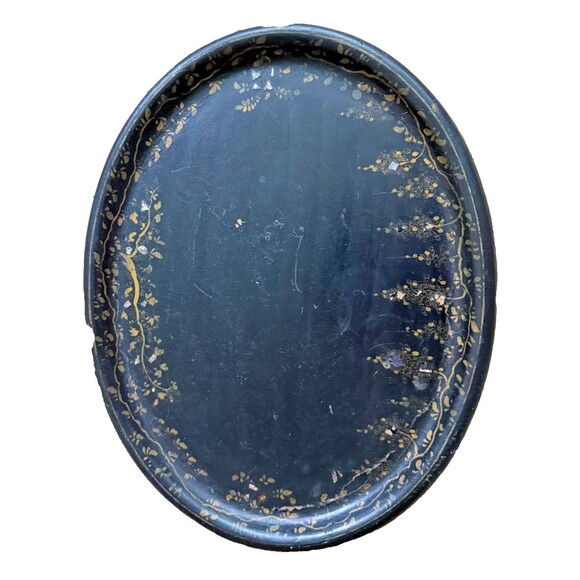Large 24" Antique Victorian Paper Mache Oval Tray Mother of Pearl Hand Painted - Picture 2 of 12